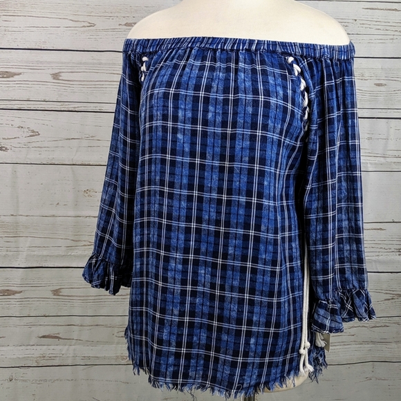 Billy T Tops - NWT ~ BILLY T Boho Plaid Off-the-Shoulder Tunic
